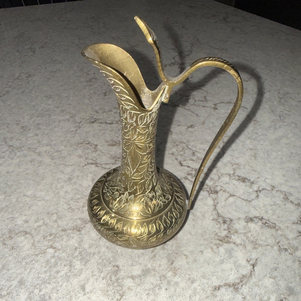 Vintage India Cobra Head Brass Pitcher Vase Etched Leaf Floral 7 Inch Heavy